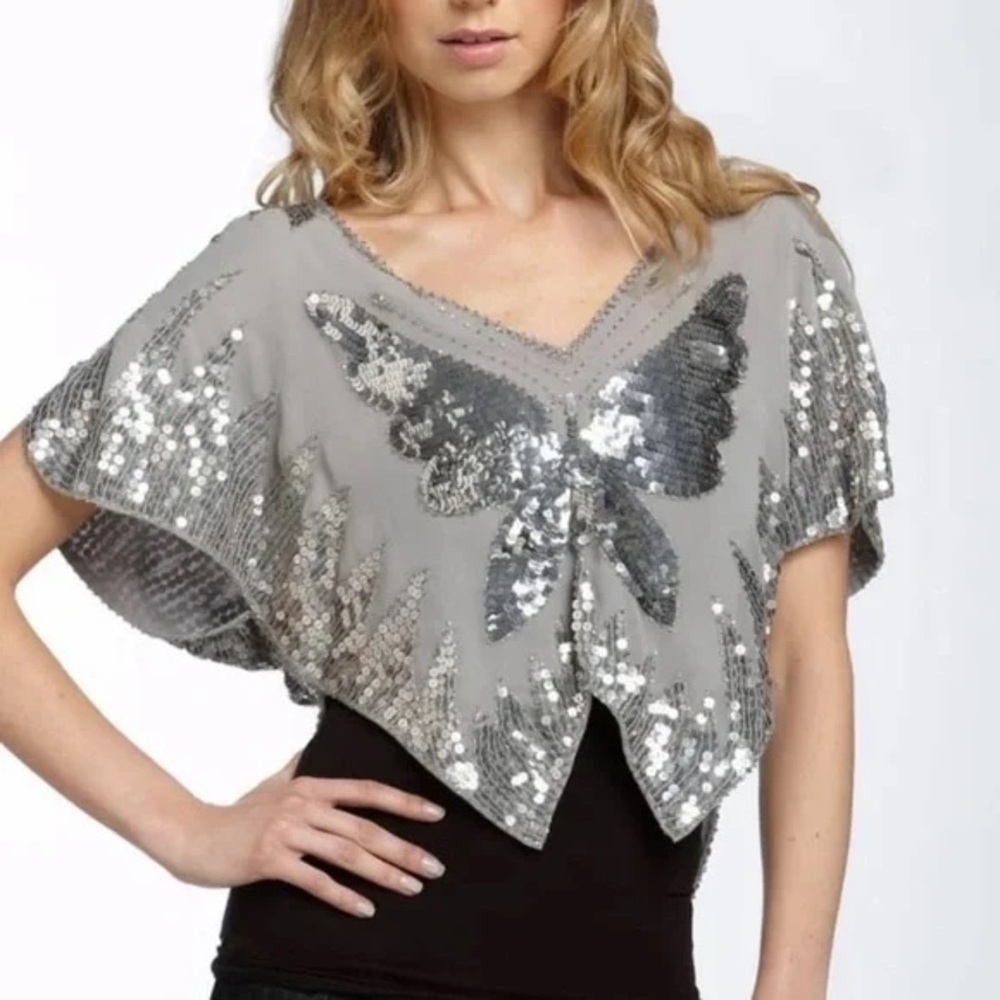 Free People Gray Sequin Butterfly Top